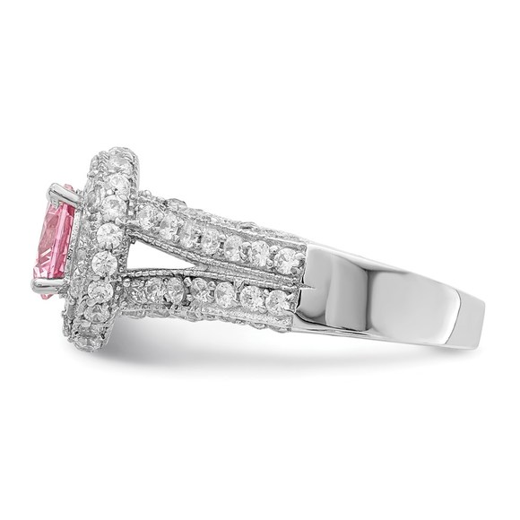 925 Sterling Silver Rhodium plated 10mm Clear CZ and Pink Heart CZ Ring - Picture 4 of 6
